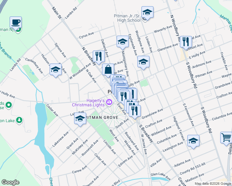map of restaurants, bars, coffee shops, grocery stores, and more near in Pitman