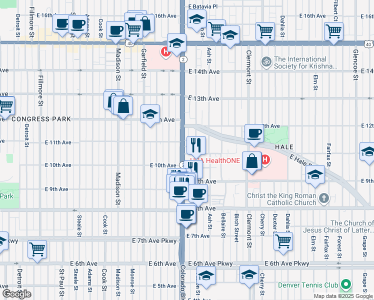 map of restaurants, bars, coffee shops, grocery stores, and more near 1100 Colorado Boulevard in Denver