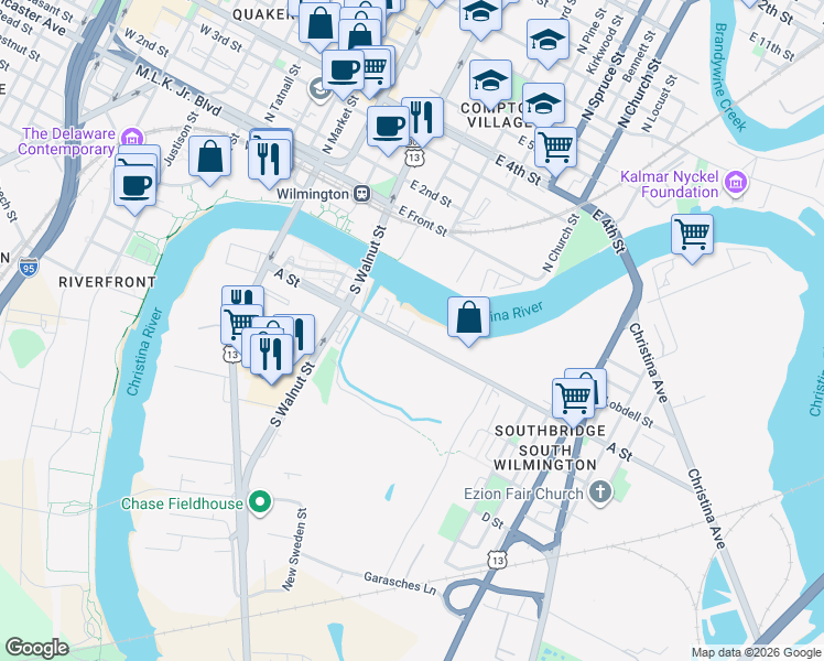 map of restaurants, bars, coffee shops, grocery stores, and more near 401 A Street in Wilmington