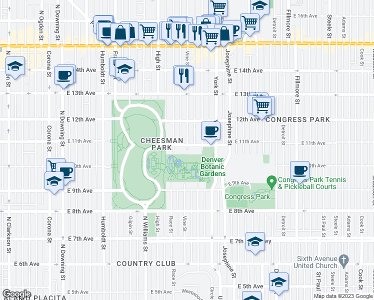 map of restaurants, bars, coffee shops, grocery stores, and more near Vine Street in Denver