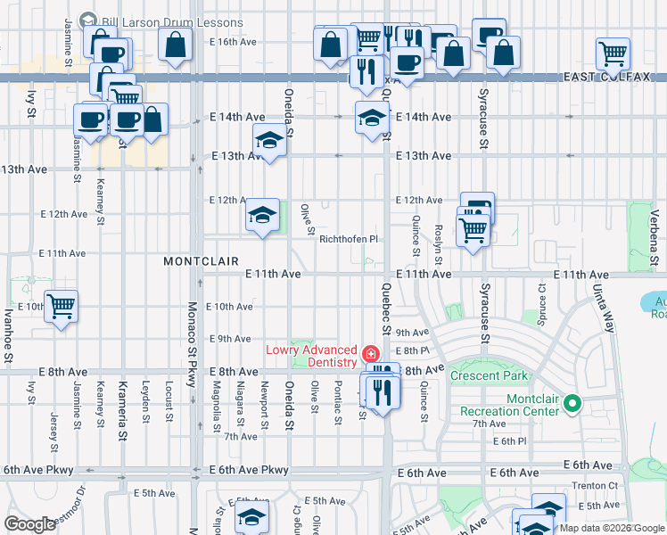 map of restaurants, bars, coffee shops, grocery stores, and more near 1101 Pontiac Street in Denver