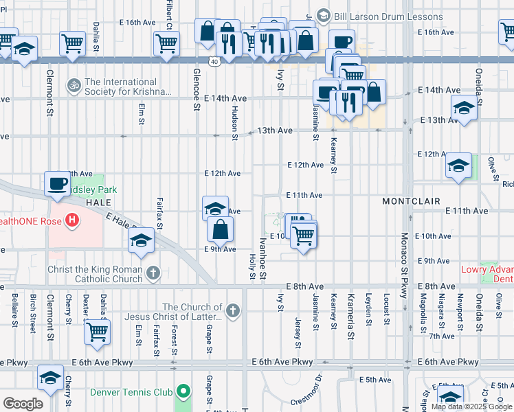 map of restaurants, bars, coffee shops, grocery stores, and more near 1070 Holly Street in Denver
