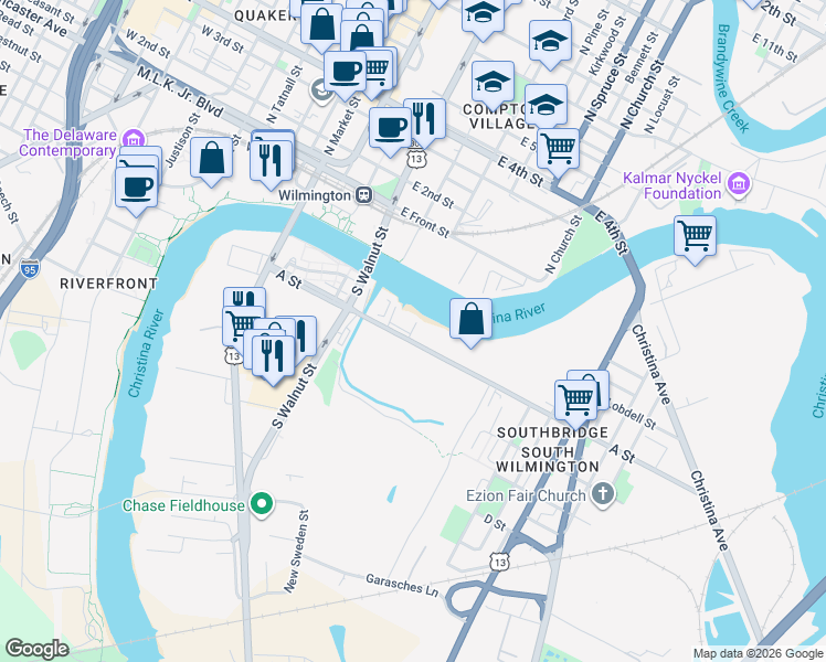 map of restaurants, bars, coffee shops, grocery stores, and more near 501 A St in Wilmington