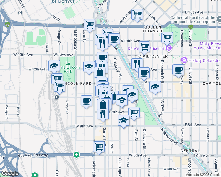 map of restaurants, bars, coffee shops, grocery stores, and more near 1082 Santa Fe Drive in Denver