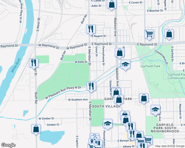 map of restaurants, bars, coffee shops, grocery stores, and more near 2405 South Meridian Street in Indianapolis