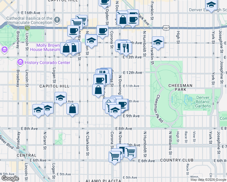 map of restaurants, bars, coffee shops, grocery stores, and more near in Denver