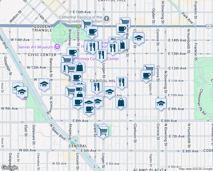 map of restaurants, bars, coffee shops, grocery stores, and more near in Denver
