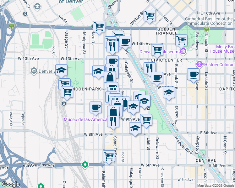 map of restaurants, bars, coffee shops, grocery stores, and more near 1040 Santa Fe Drive in Denver