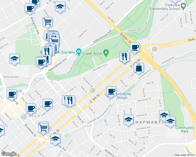 map of restaurants, bars, coffee shops, grocery stores, and more near 1089 East 7th Street in Chico