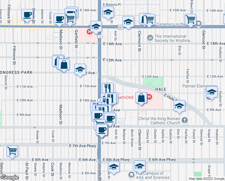 map of restaurants, bars, coffee shops, grocery stores, and more near 1111 Ash Street in Denver