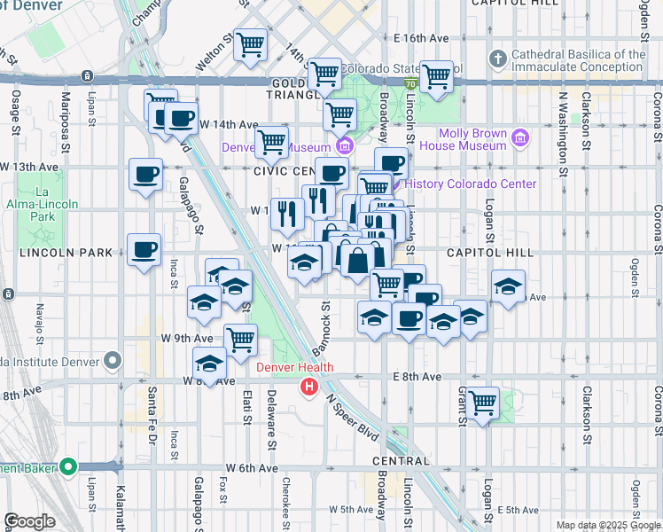 map of restaurants, bars, coffee shops, grocery stores, and more near 128 West 11th Avenue in Denver
