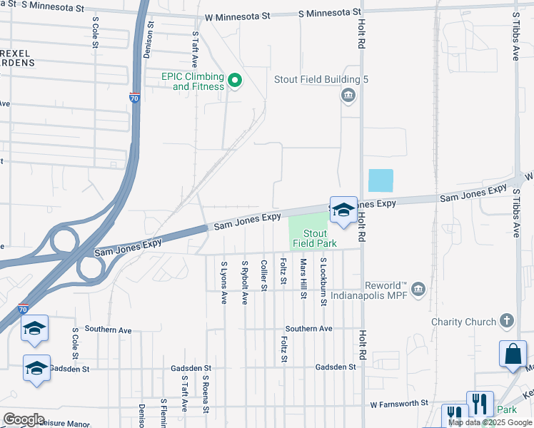 map of restaurants, bars, coffee shops, grocery stores, and more near 4042 Sam Jones Expressway in Indianapolis