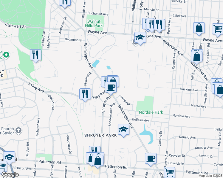 map of restaurants, bars, coffee shops, grocery stores, and more near 534 Wilmington Avenue in Dayton