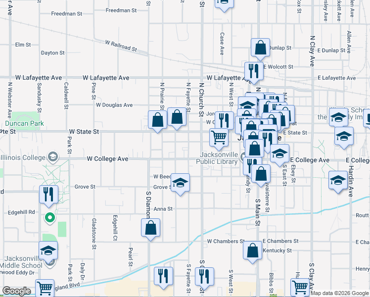 map of restaurants, bars, coffee shops, grocery stores, and more near 211 South Fayette Street in Jacksonville
