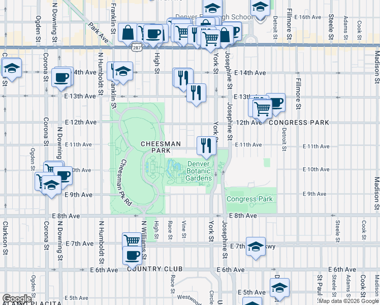 map of restaurants, bars, coffee shops, grocery stores, and more near 2190 East 11th Avenue in Denver
