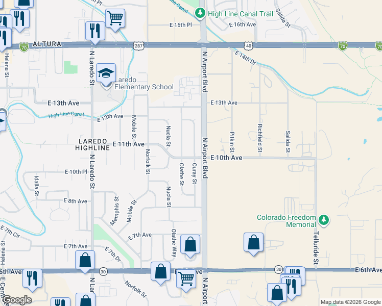 map of restaurants, bars, coffee shops, grocery stores, and more near 1124 Olathe Street in Aurora