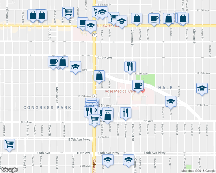 map of restaurants, bars, coffee shops, grocery stores, and more near 1170 Ash Street in Denver