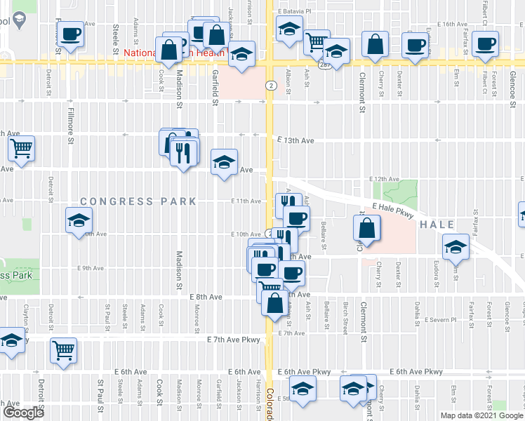 map of restaurants, bars, coffee shops, grocery stores, and more near 1074 Harrison Street in Denver