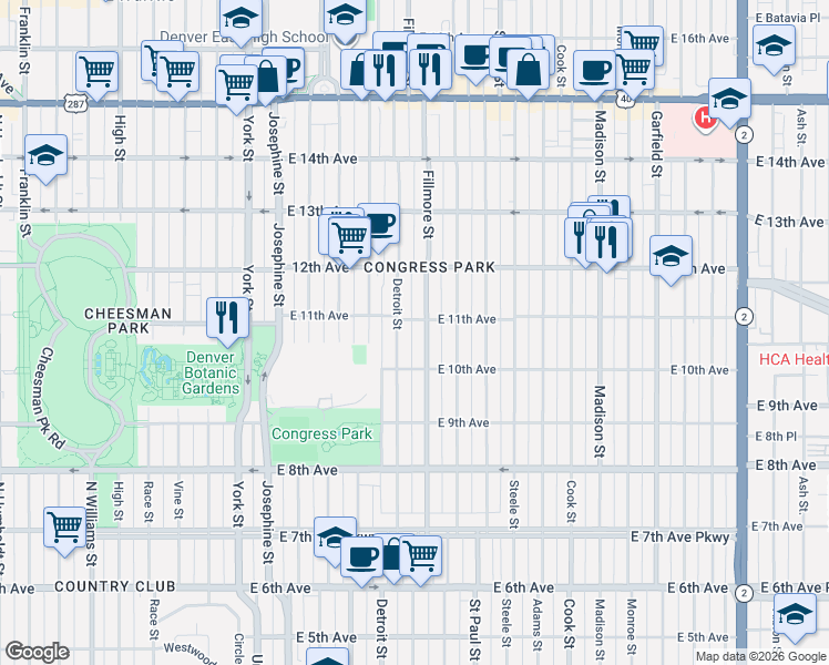 map of restaurants, bars, coffee shops, grocery stores, and more near 2818 East 11th Avenue in Denver
