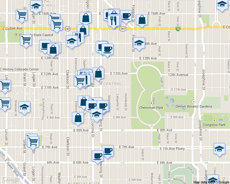 map of restaurants, bars, coffee shops, grocery stores, and more near 1316 East 11th Avenue in Denver