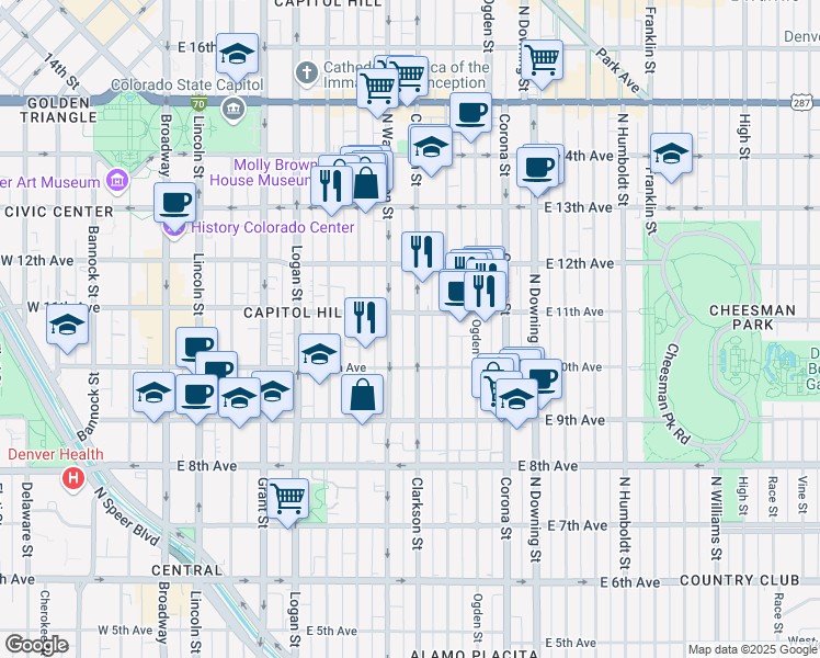 map of restaurants, bars, coffee shops, grocery stores, and more near in Denver