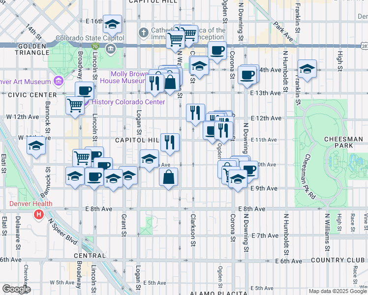 map of restaurants, bars, coffee shops, grocery stores, and more near 1075 North Washington Street in Denver