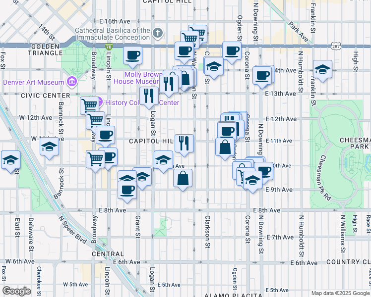 map of restaurants, bars, coffee shops, grocery stores, and more near 1075 North Washington Street in Denver