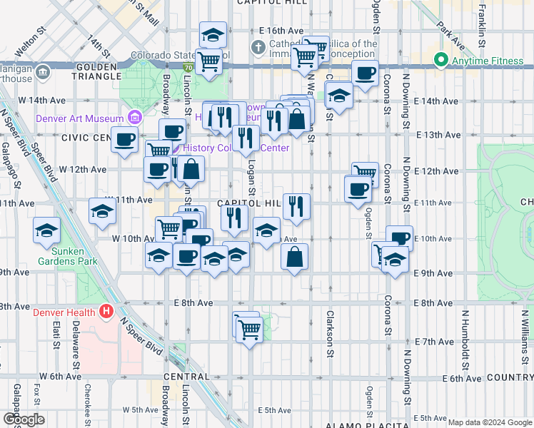 map of restaurants, bars, coffee shops, grocery stores, and more near in Denver