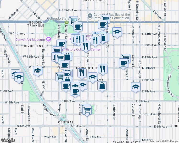 map of restaurants, bars, coffee shops, grocery stores, and more near in Denver