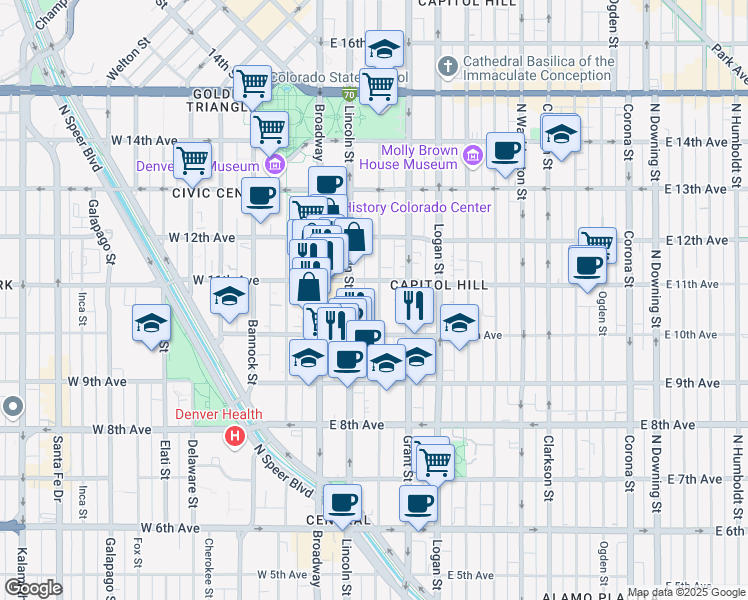 map of restaurants, bars, coffee shops, grocery stores, and more near 1075 Sherman Street in Denver