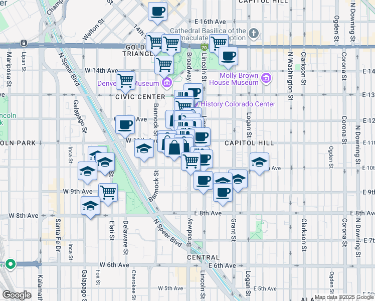 map of restaurants, bars, coffee shops, grocery stores, and more near 1085 North Broadway in Denver