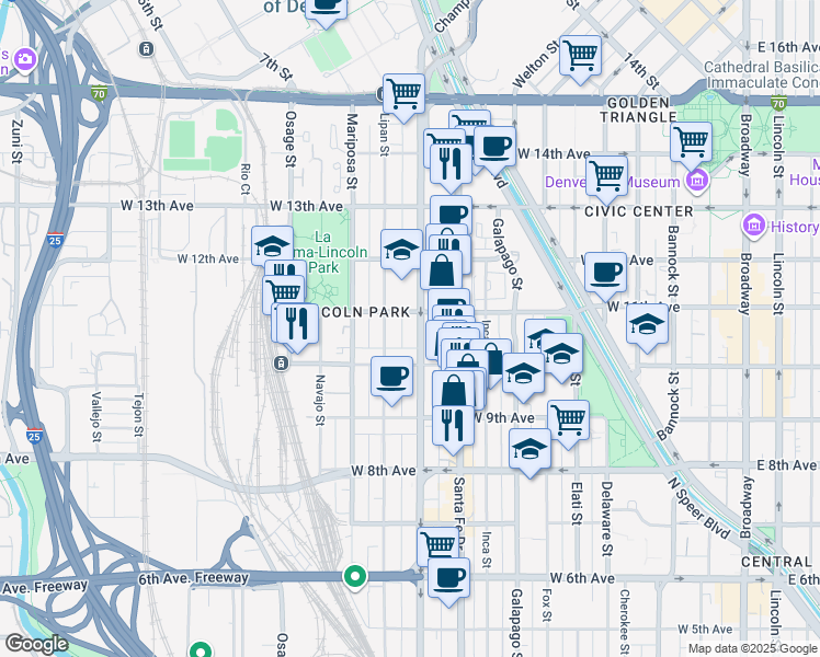 map of restaurants, bars, coffee shops, grocery stores, and more near 1080 Kalamath Street in Denver