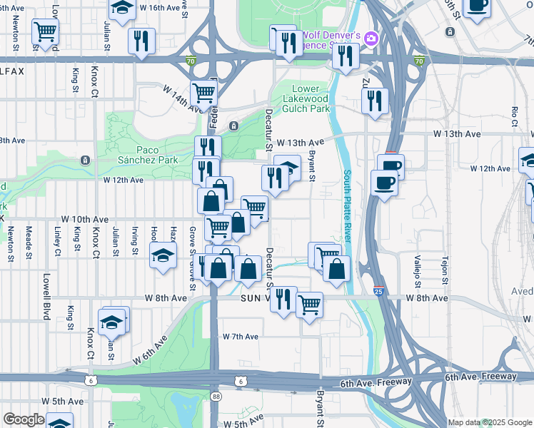 map of restaurants, bars, coffee shops, grocery stores, and more near 2837 West 10th Avenue in Denver