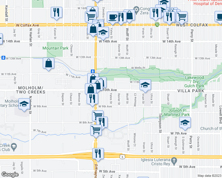 map of restaurants, bars, coffee shops, grocery stores, and more near 5025 West 10th Avenue in Denver