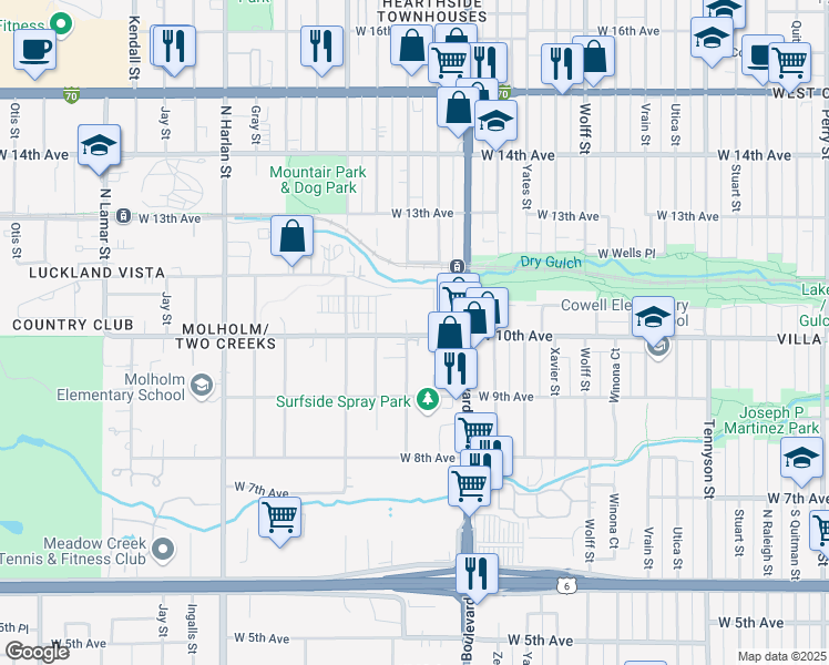 map of restaurants, bars, coffee shops, grocery stores, and more near 5375 West 10th Avenue in Denver