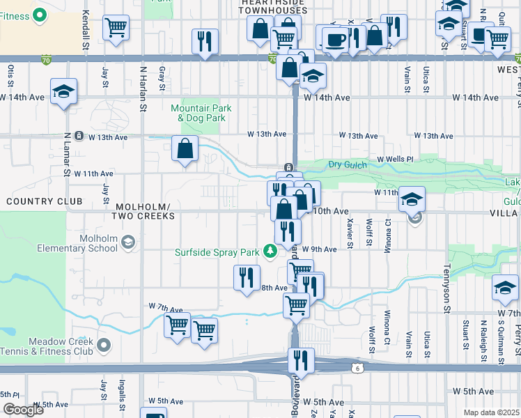 map of restaurants, bars, coffee shops, grocery stores, and more near 5375 West 10th Avenue in Denver