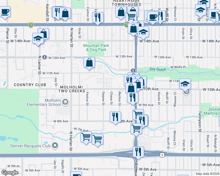 map of restaurants, bars, coffee shops, grocery stores, and more near 5541 West 10th Avenue in Lakewood