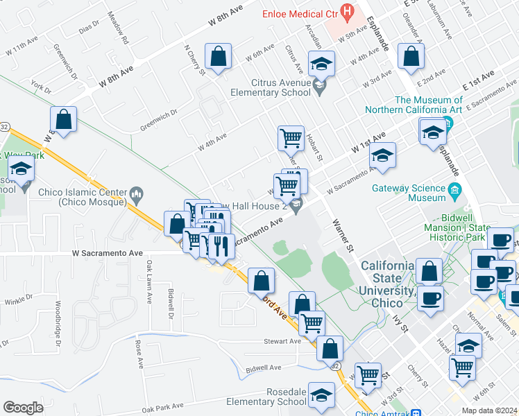 map of restaurants, bars, coffee shops, grocery stores, and more near 725 West 1st Avenue in Chico
