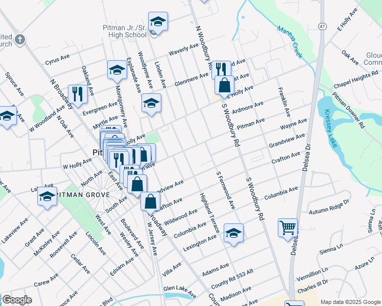 map of restaurants, bars, coffee shops, grocery stores, and more near 210 Pitman Avenue in Pitman