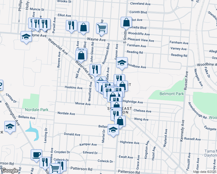 map of restaurants, bars, coffee shops, grocery stores, and more near 2317 Fauver Avenue in Dayton