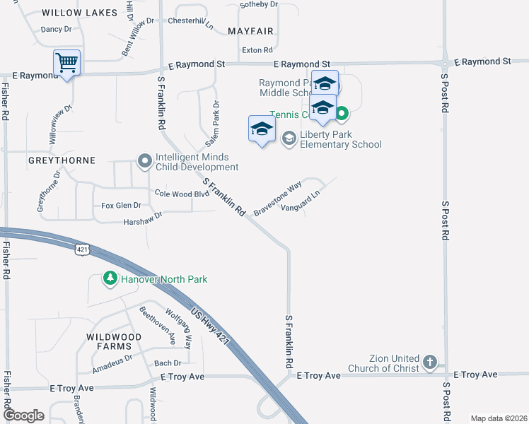 map of restaurants, bars, coffee shops, grocery stores, and more near 8341 Bravestone Way in Indianapolis