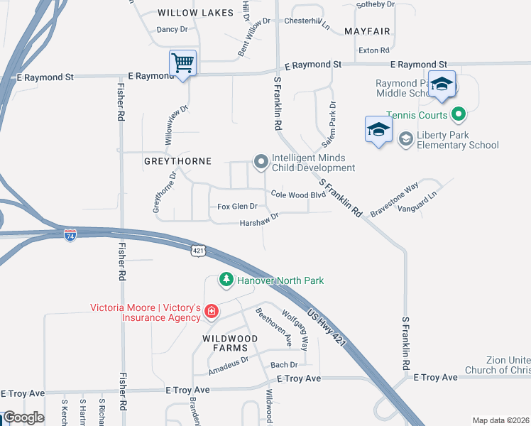 map of restaurants, bars, coffee shops, grocery stores, and more near 2525 Copper Hill Drive in Indianapolis