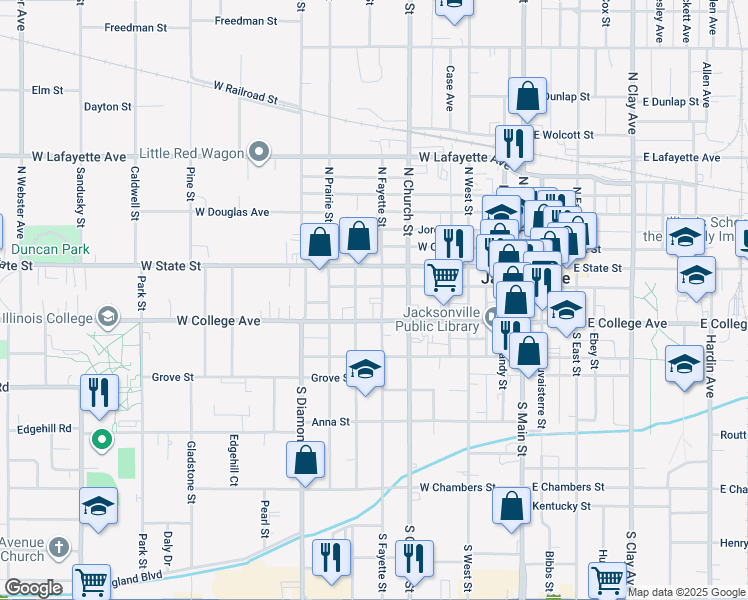 map of restaurants, bars, coffee shops, grocery stores, and more near 211 South Fayette Street in Jacksonville