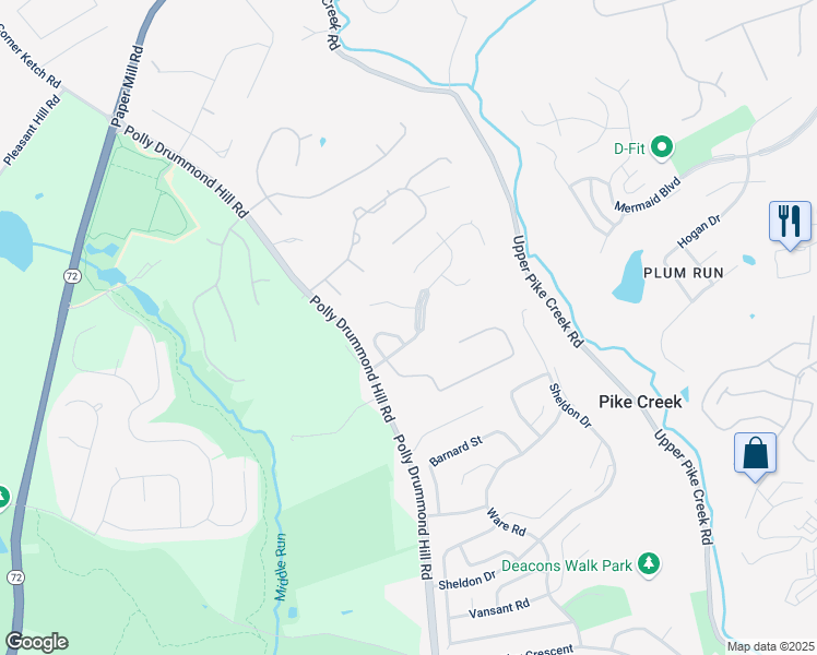 map of restaurants, bars, coffee shops, grocery stores, and more near 101 Foxfire Drive in Newark