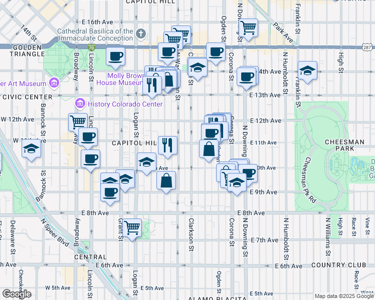 map of restaurants, bars, coffee shops, grocery stores, and more near 1063 Clarkson St in Denver
