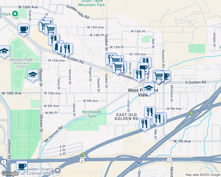 map of restaurants, bars, coffee shops, grocery stores, and more near 1043 Quaker Street in Golden