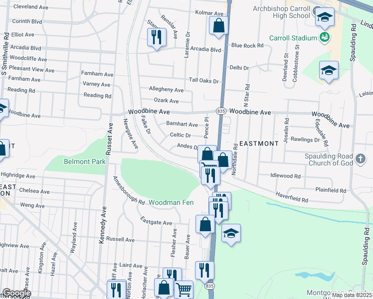map of restaurants, bars, coffee shops, grocery stores, and more near 4853 Andes Drive in Dayton