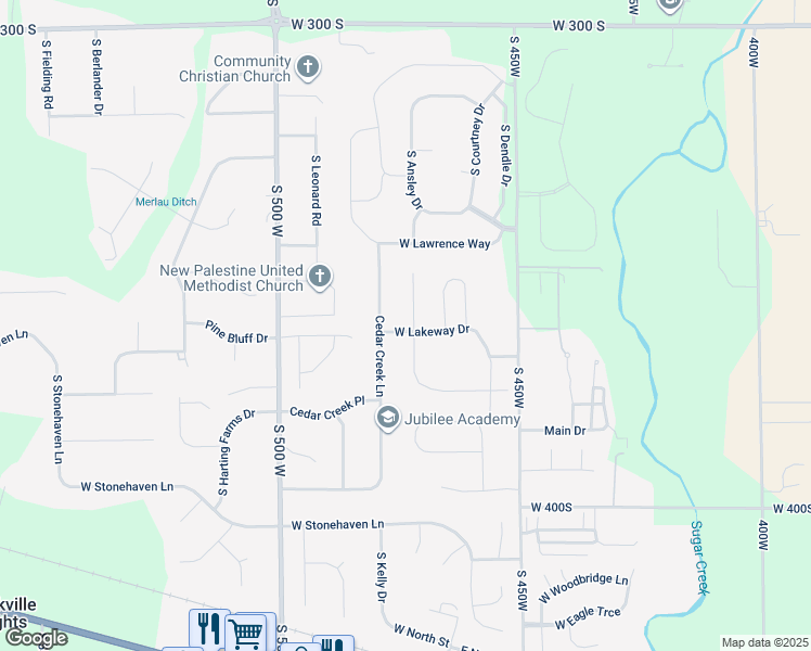 map of restaurants, bars, coffee shops, grocery stores, and more near 3587 Cedar Creek Lane in New Palestine