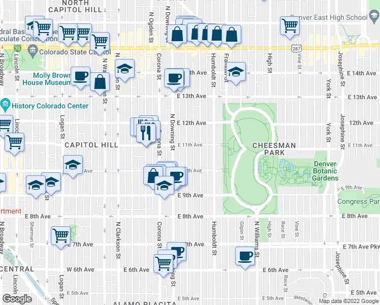 map of restaurants, bars, coffee shops, grocery stores, and more near 1316 East 11th Avenue in Denver