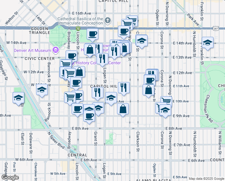map of restaurants, bars, coffee shops, grocery stores, and more near 1065 Pennsylvania Street in Denver